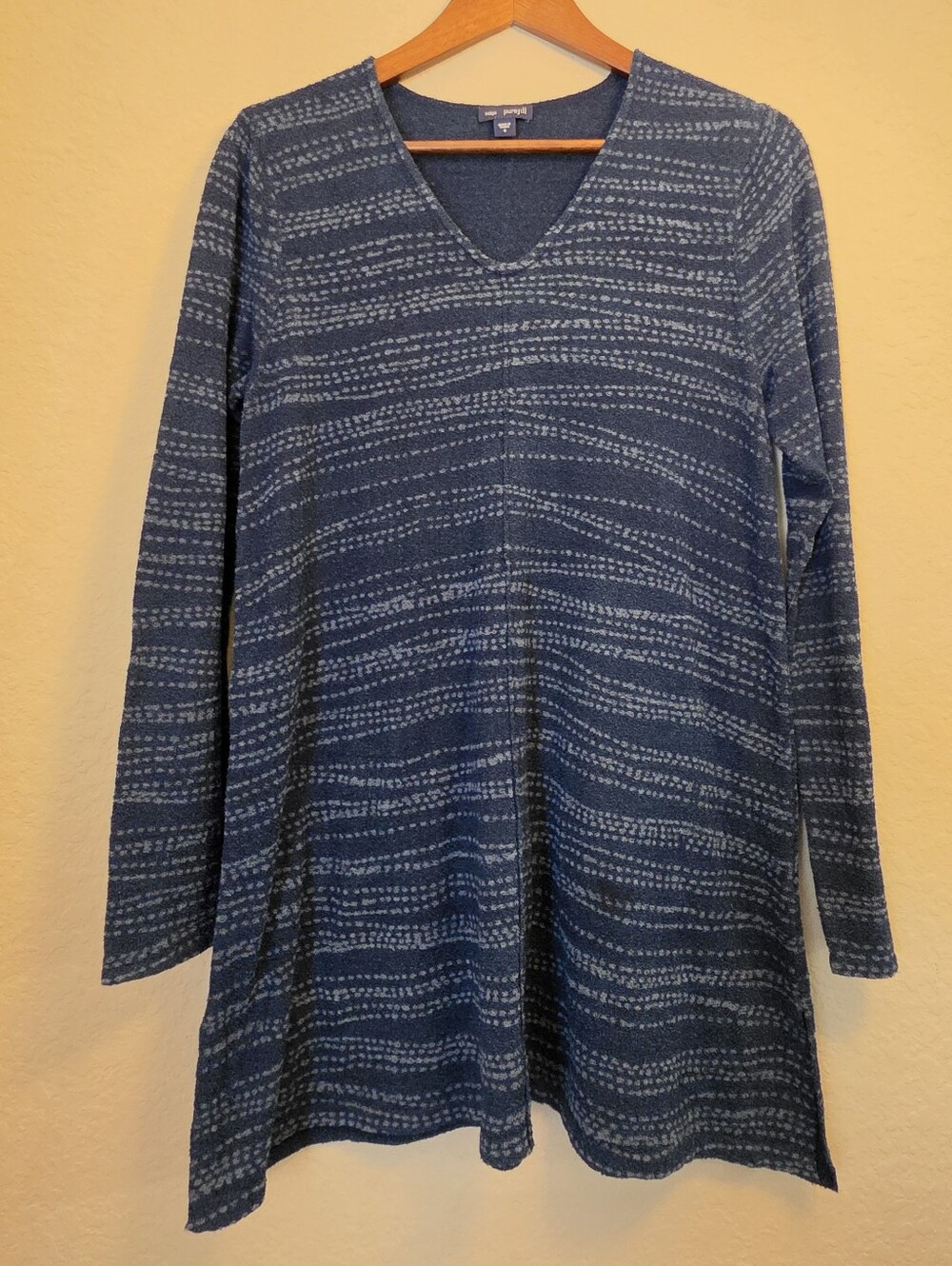 Pure Jill Indigo Tunic Top Womens Size Small Blue Grey Textured Stripe Lagenlook